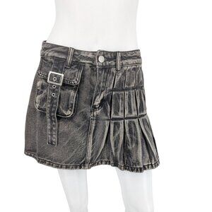 Acid Wash Pleated Denim Mini Skirt Cargo Pocket Grunge Y2K Goth Festival Size S